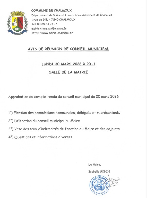 AVIS DE REUNION CONSEIL MUNICIPAL DU 30.03.2026